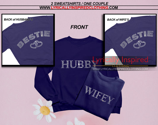 Hubby and Wifey Sweatshirt Matching Rhinestone Love Couples T shirts