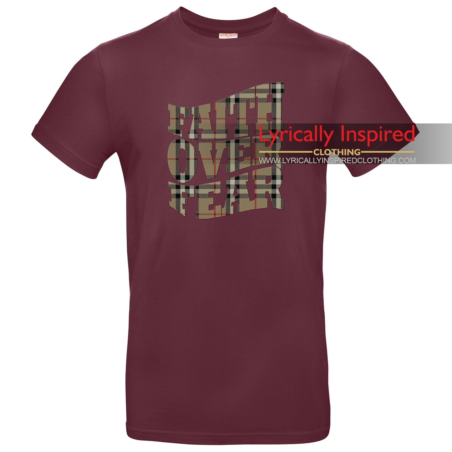 FAITH OVER FEAR MENS T SHIRT TARTAN PATTERN PRINT