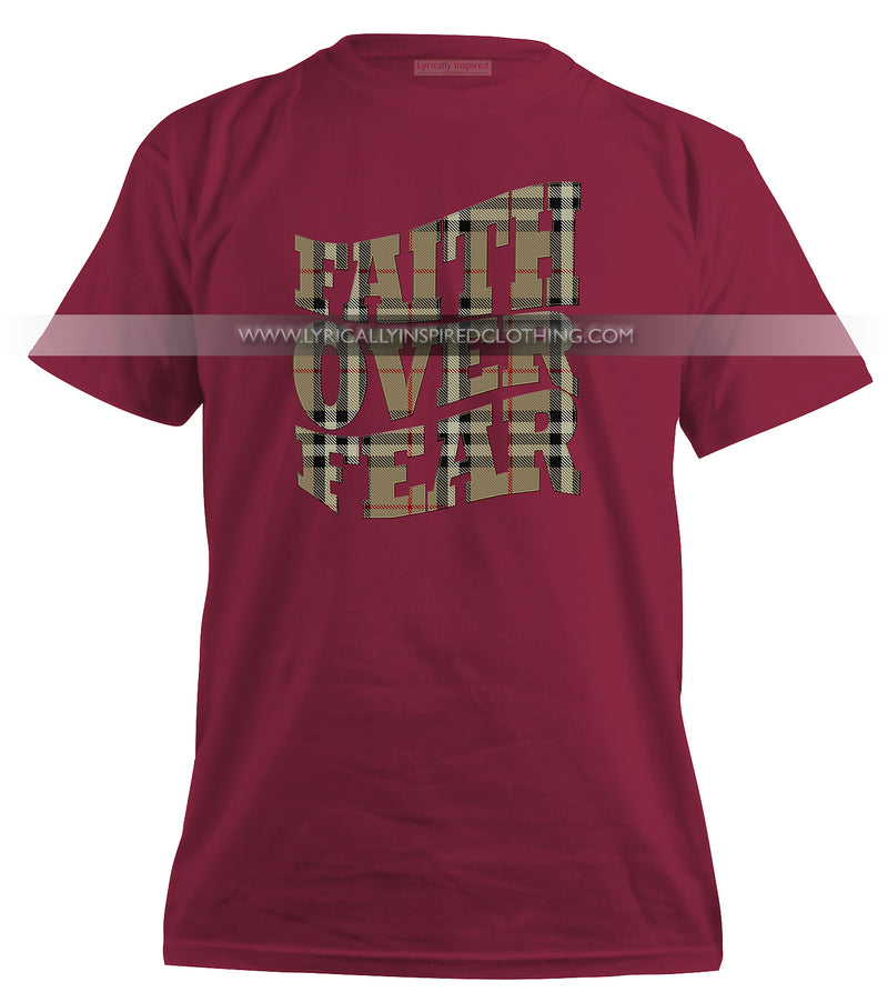 FAITH OVER FEAR UNISEX or MENS T SHIRT TARTAN PATTERN PRINT