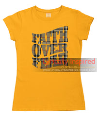 FAITH OVER FEAR LADIES T SHIRT TARTAN PATTERN PRINT