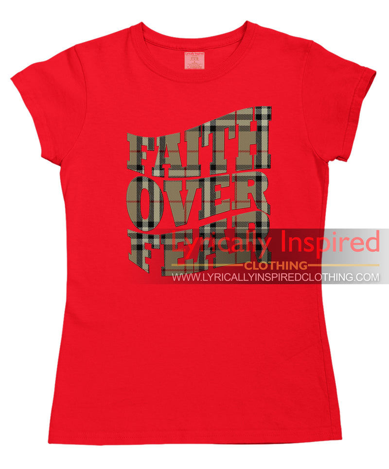 FAITH OVER FEAR LADIES T SHIRT TARTAN PATTERN PRINT