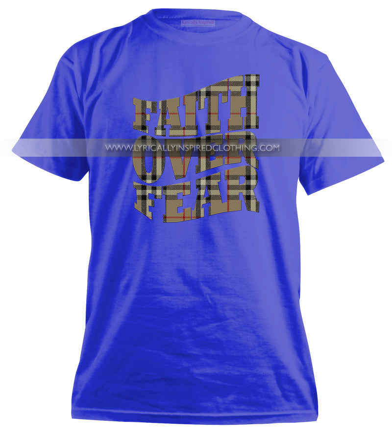 FAITH OVER FEAR UNISEX or MENS T SHIRT TARTAN PATTERN PRINT