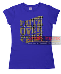 FAITH OVER FEAR LADIES T SHIRT TARTAN PATTERN PRINT