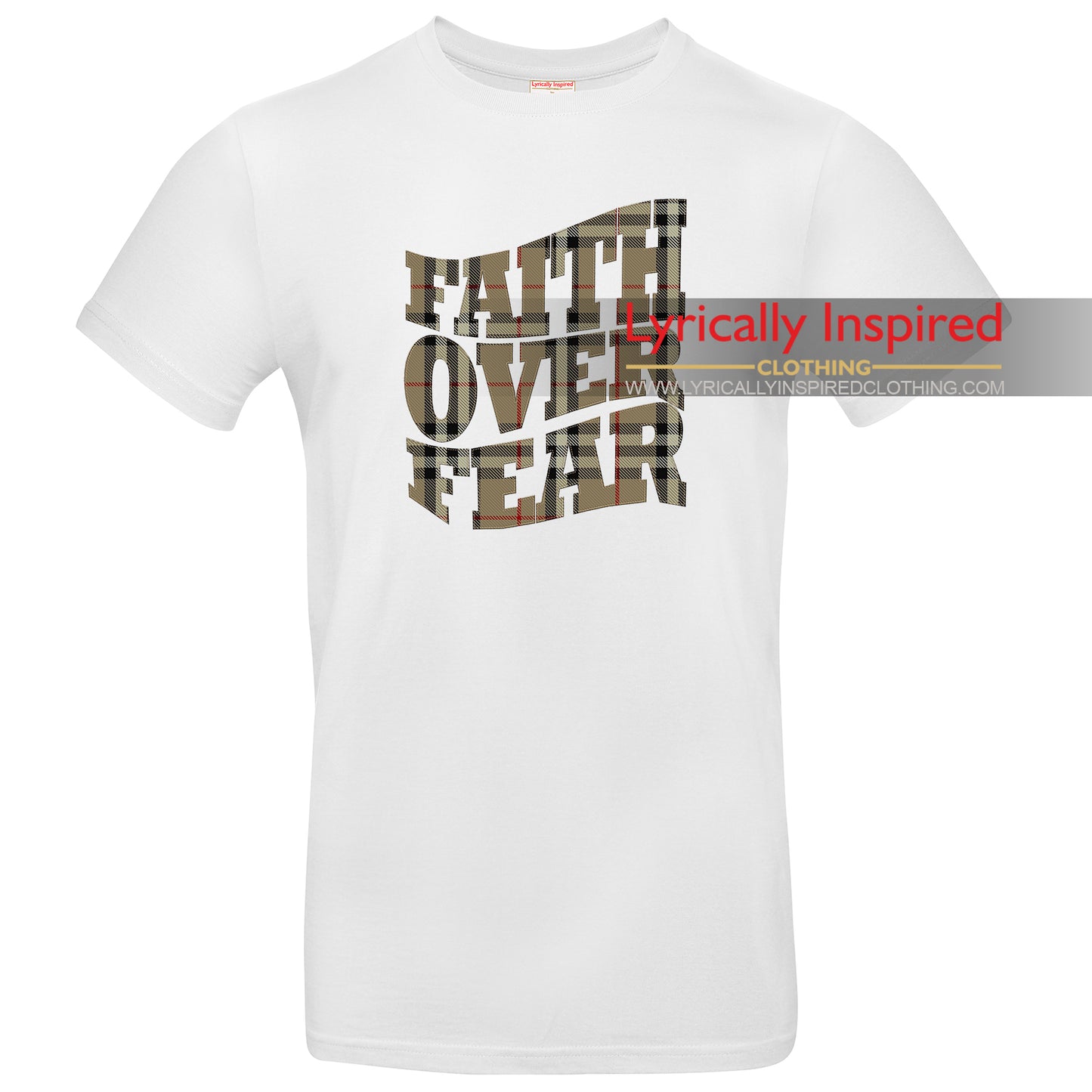 FAITH OVER FEAR MENS T SHIRT TARTAN PATTERN PRINT