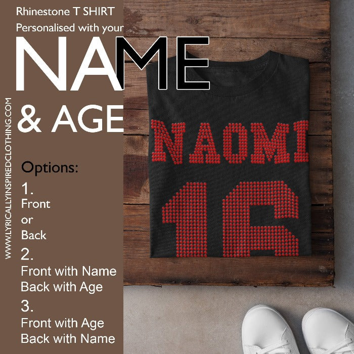 Black T Shirt Rhinestone NAME & AGE concept