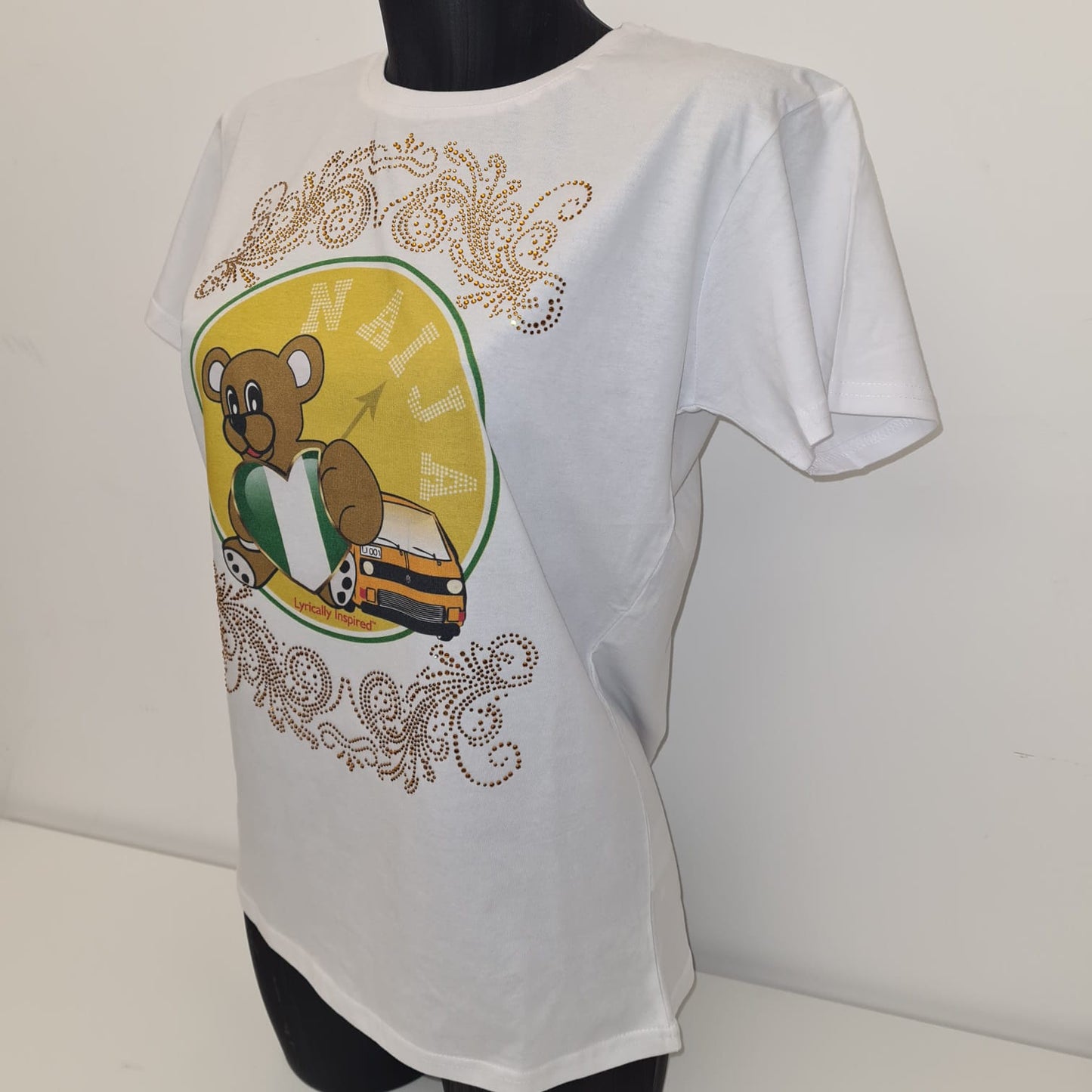 Mix of Print & Bling: Naija Bear/Heart White T Shirt