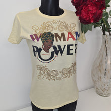 Load image into Gallery viewer, Mix of Print &amp; Bling: Woman Power Tee (Cream T Shirt Colour)
